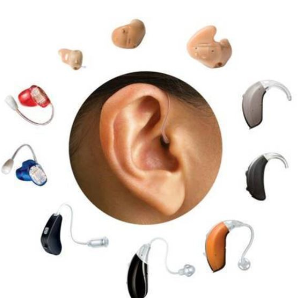 an ear surrounded by different styles of hearing aids