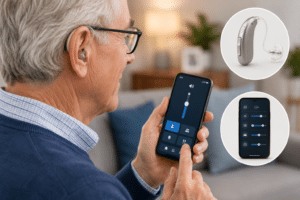 An older man uses a smartphone app to adjust settings on his hearing aid while sitting in a comfortable living room, with close-up views of the hearing device and mobile app interface displayed alongside him.