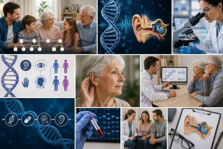 A collage illustrating the connection between genetics and hearing health, featuring multiple generations of a family, DNA imagery, hearing care consultations, scientific research, genetic testing, hearing aid use, and medical discussions about inherited hearing loss.