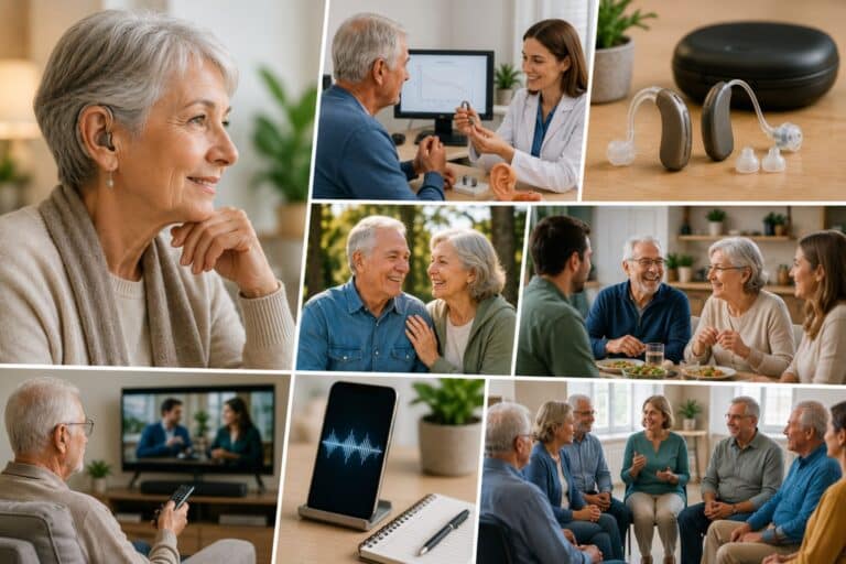 A collage of older adults adjusting to life after a hearing loss diagnosis, featuring hearing aid fittings, consultations with hearing care professionals, supportive conversations with family and friends, participation in support groups, and confident engagement in everyday activities and social connections.