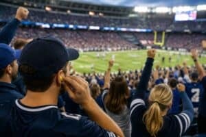 A sports fan wearing an earplug while cheering in a packed stadium during a live football game, illustrating the importance of protecting hearing from loud crowd noise at sporting events.