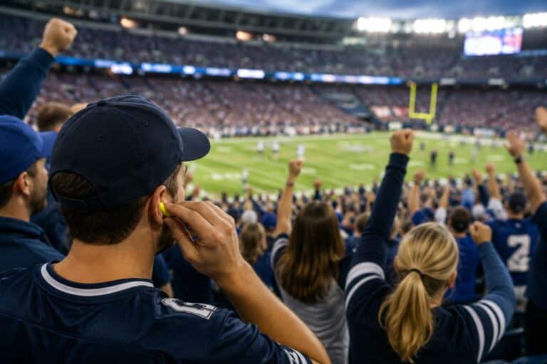 A sports fan wearing an earplug while cheering in a packed stadium during a live football game, illustrating the importance of protecting hearing from loud crowd noise at sporting events.