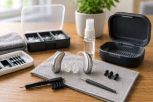 A pair of hearing aids resting on a soft cloth alongside cleaning brushes, wax guards, and a storage case, illustrating proper earwax removal and routine hearing aid maintenance.